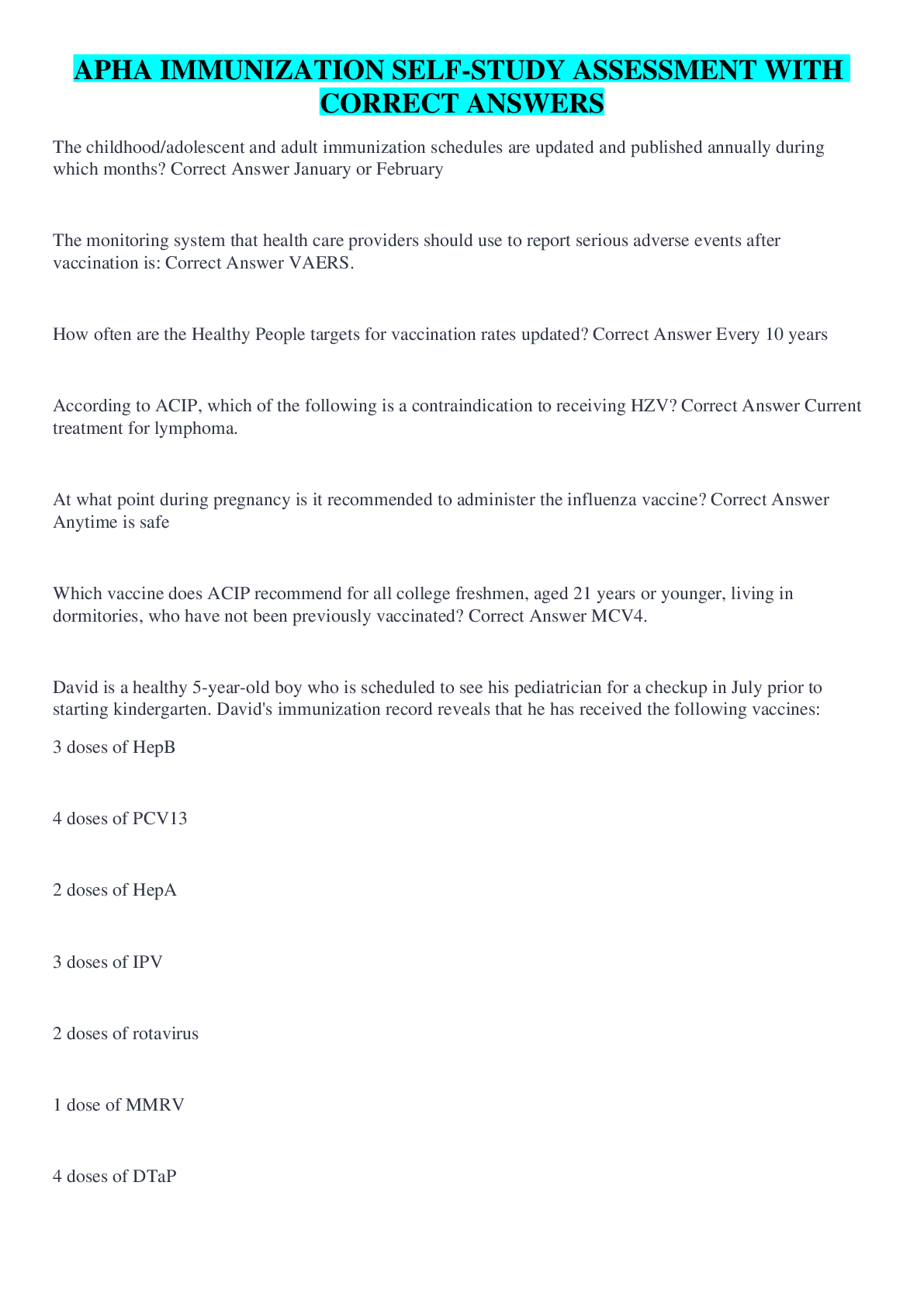 Preview of APHA IMMUNIZATION SELF-STUDY ASSESSMENT WITH CORRECT ANSWERS